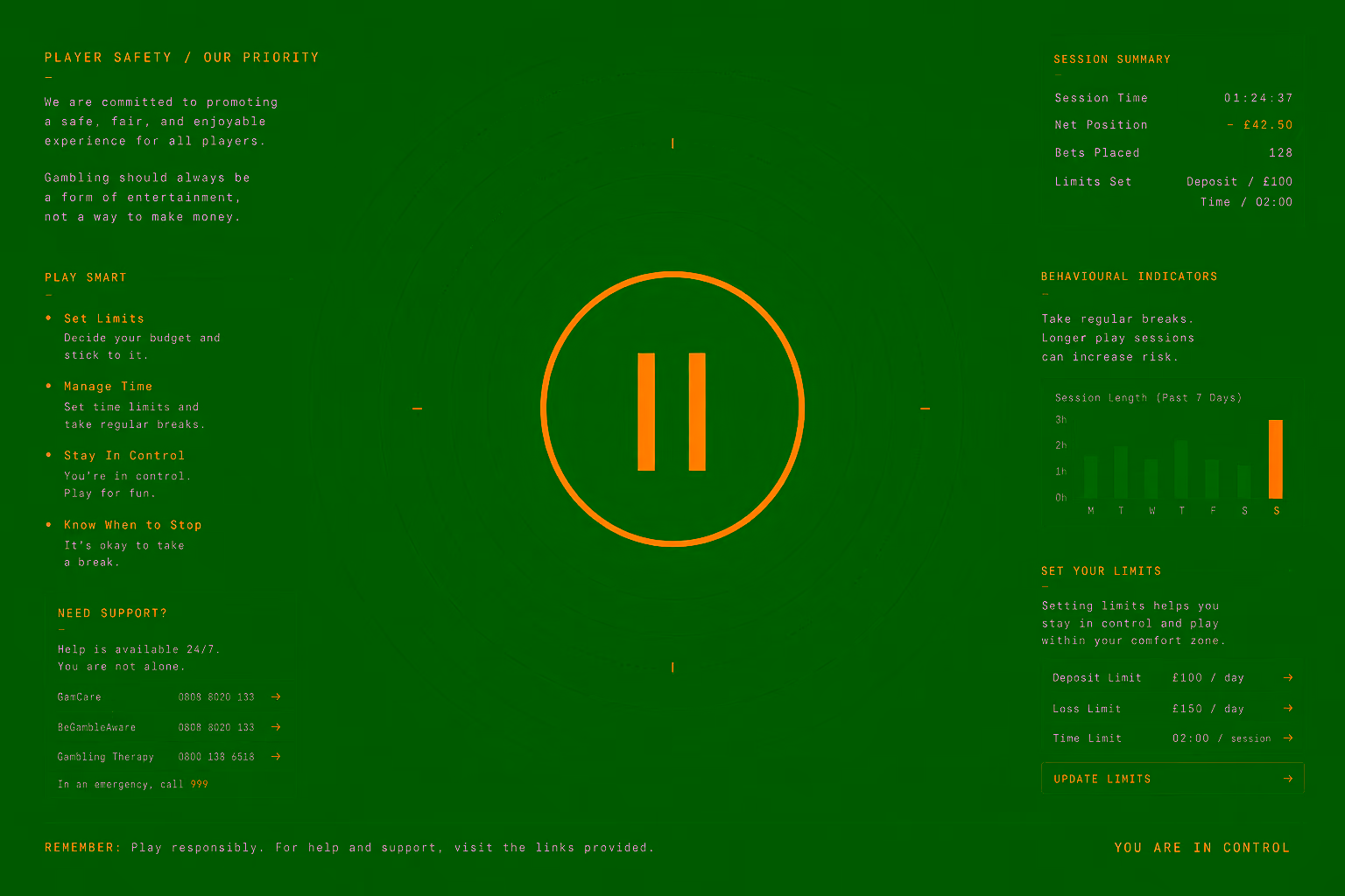Calm dark composition with a single amber circle outline on near-black background symbolising restraint and player safety